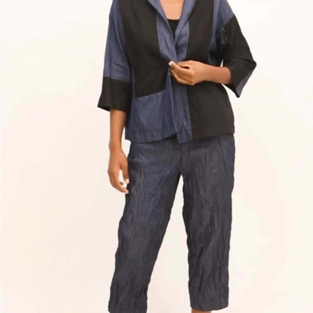 Ozai N Ku Crinkle Patchwork Shirt Jacket in Denim - Picture 3 of 8